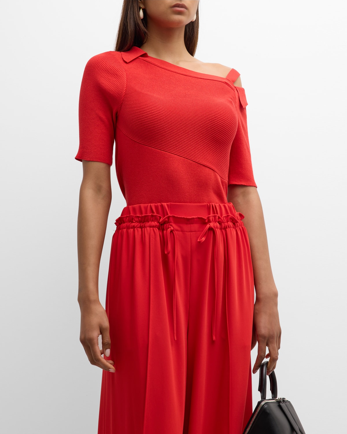 Adeam Serena Asymmetric Knit Collared Top In Crimson