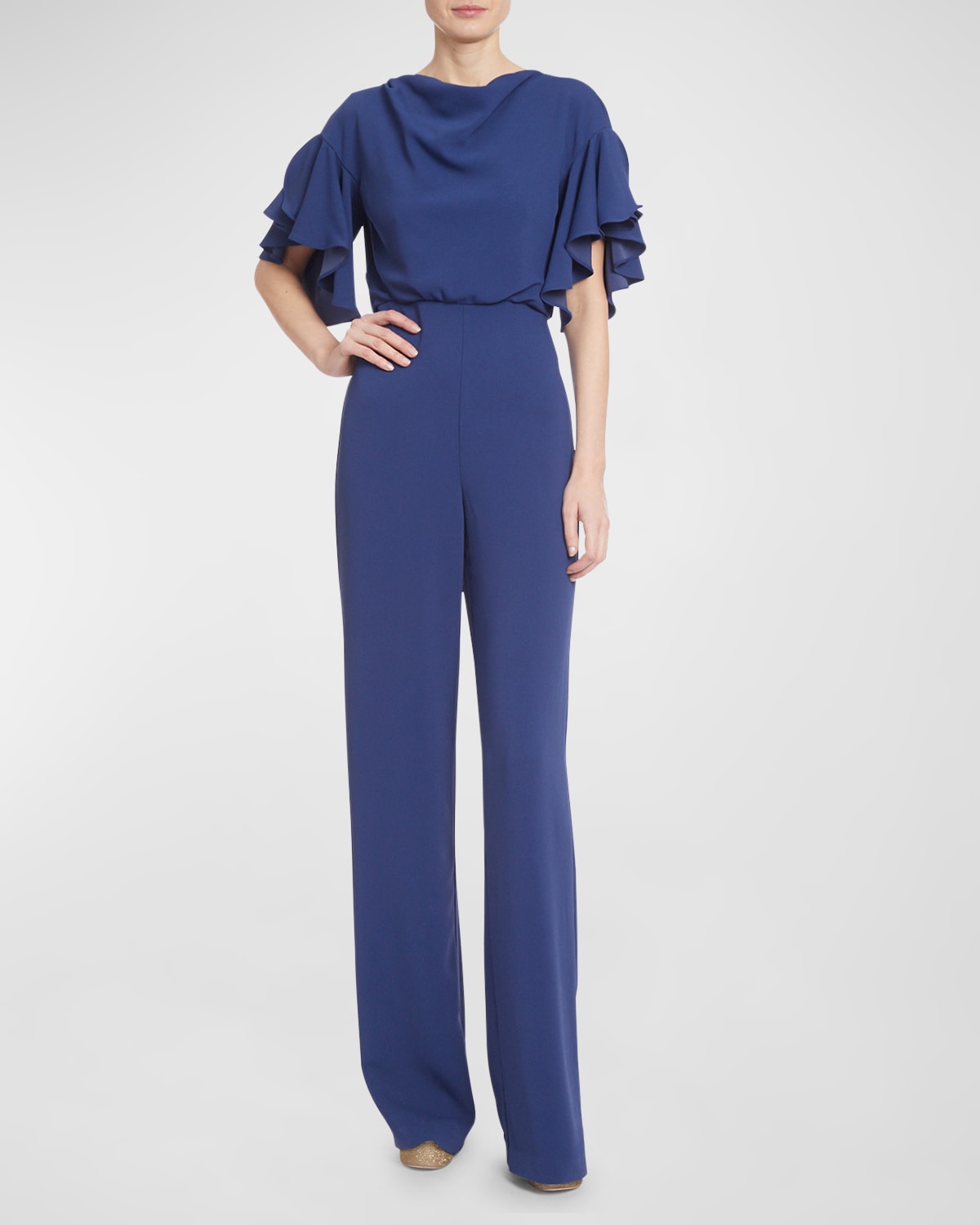 Badgley Mischka Cowl-neck Flutter-sleeve Jumpsuit In Navy ModeSens