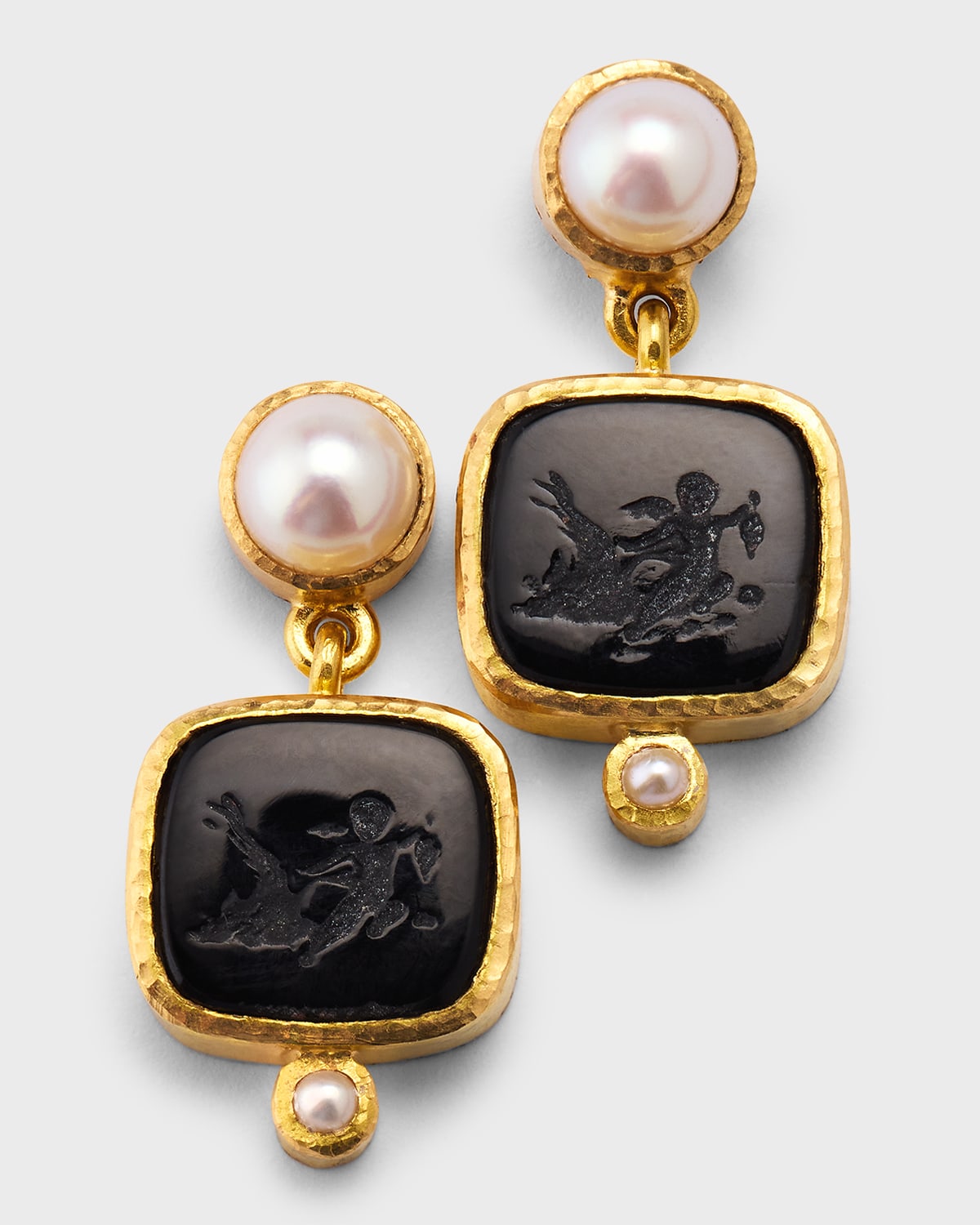 19K Pearl Swinging Putto and Goose Earrings