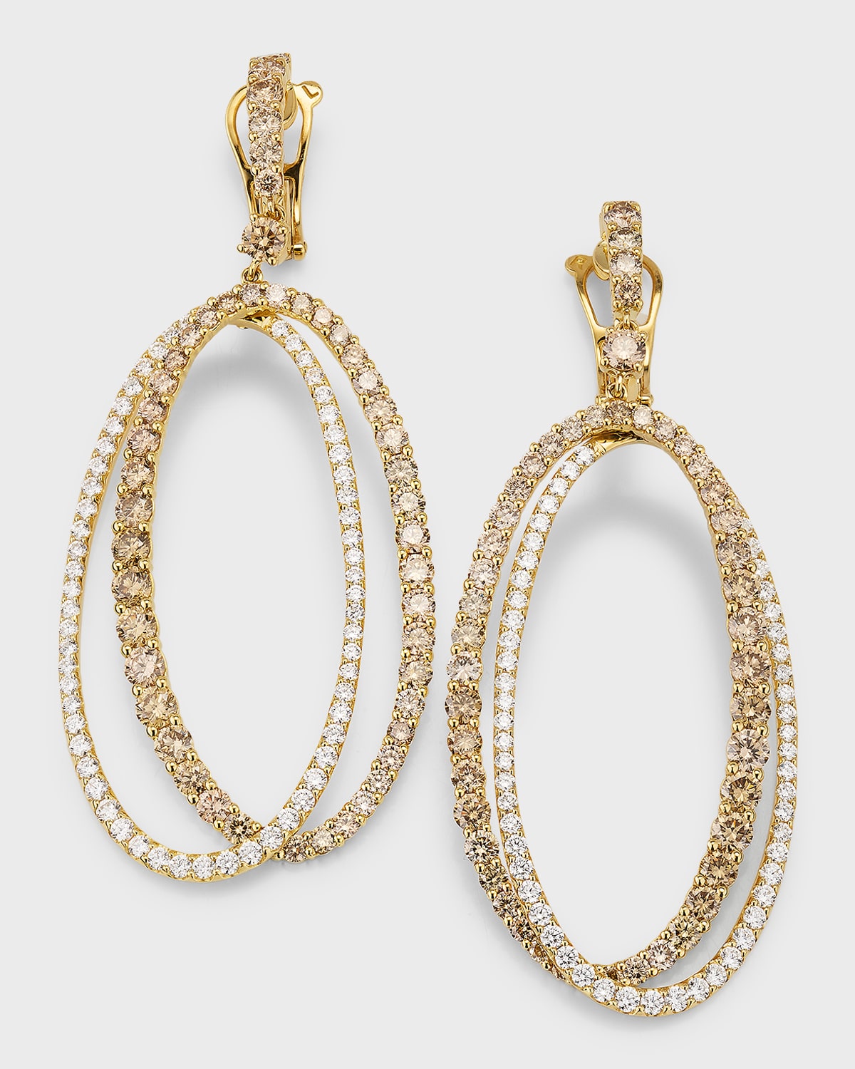 18K Yellow Gold Double Oval Drop Earrings with Brown and White Diamonds