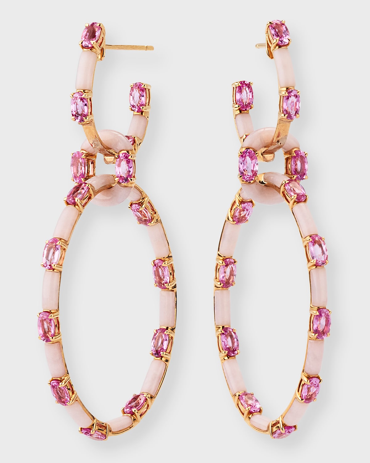 18K Pink Gold Hoop Drop Earrings with Pink Sapphires and Ceramic