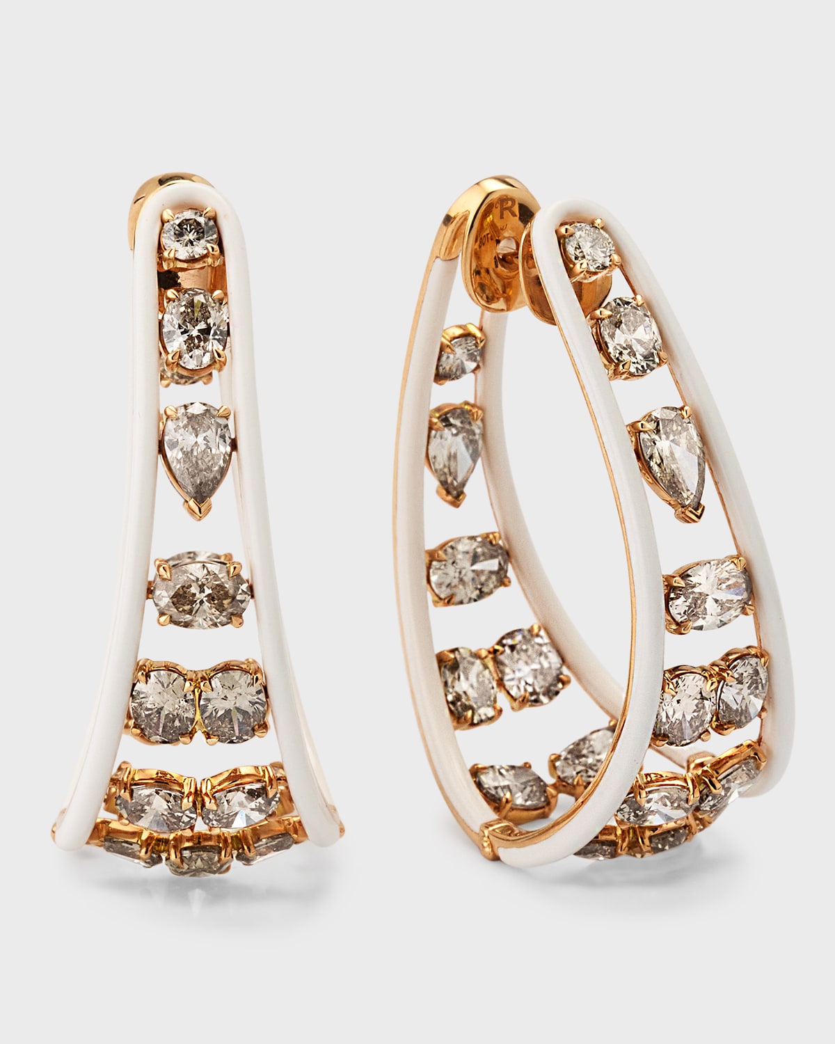 18K Pink Gold Hoop Earrings with Brown Diamonds and White Ceramic