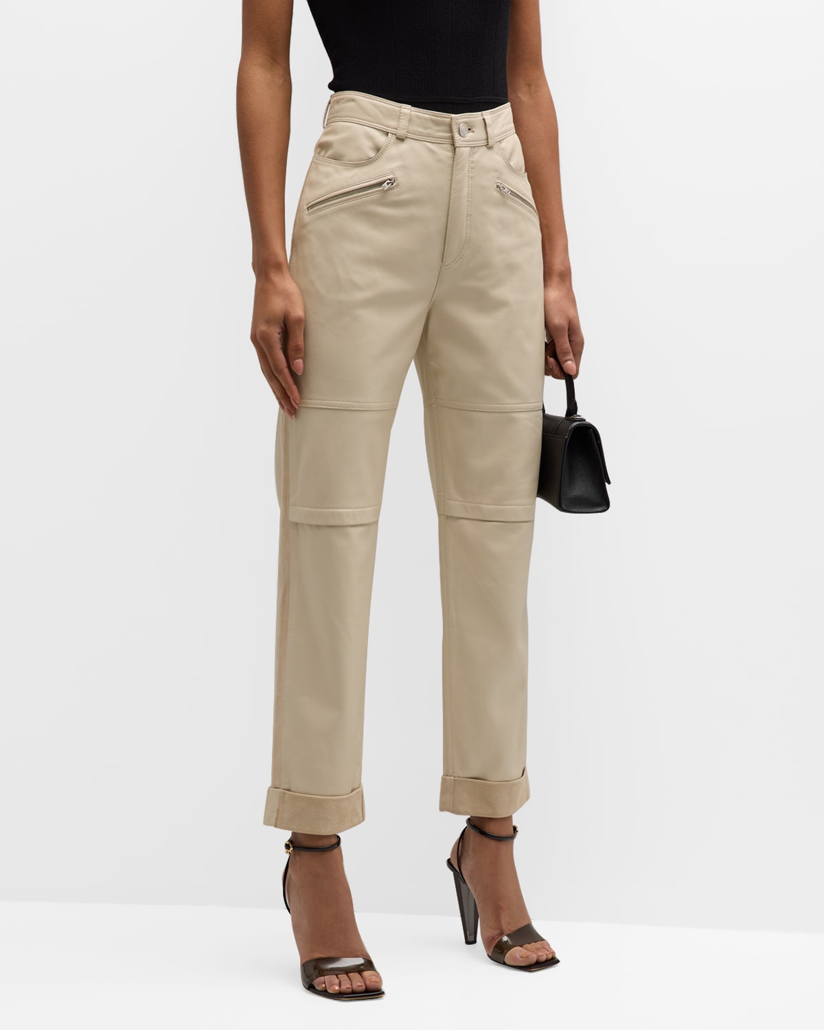 Shop Iro Aysel Straight Leather Ankle Pants In Ecru