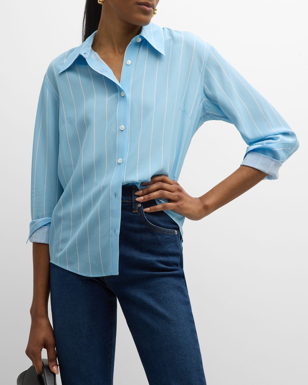Salon 1884 Emanuelle Striped Collared Silk Shirt In Azure Combo
