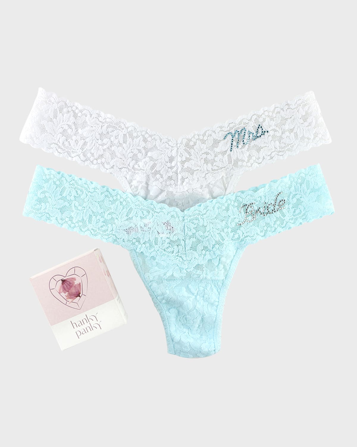 Shop Hanky Panky Bride & Mrs. Low-rise Lace Thong Gift Set In Celeste/white