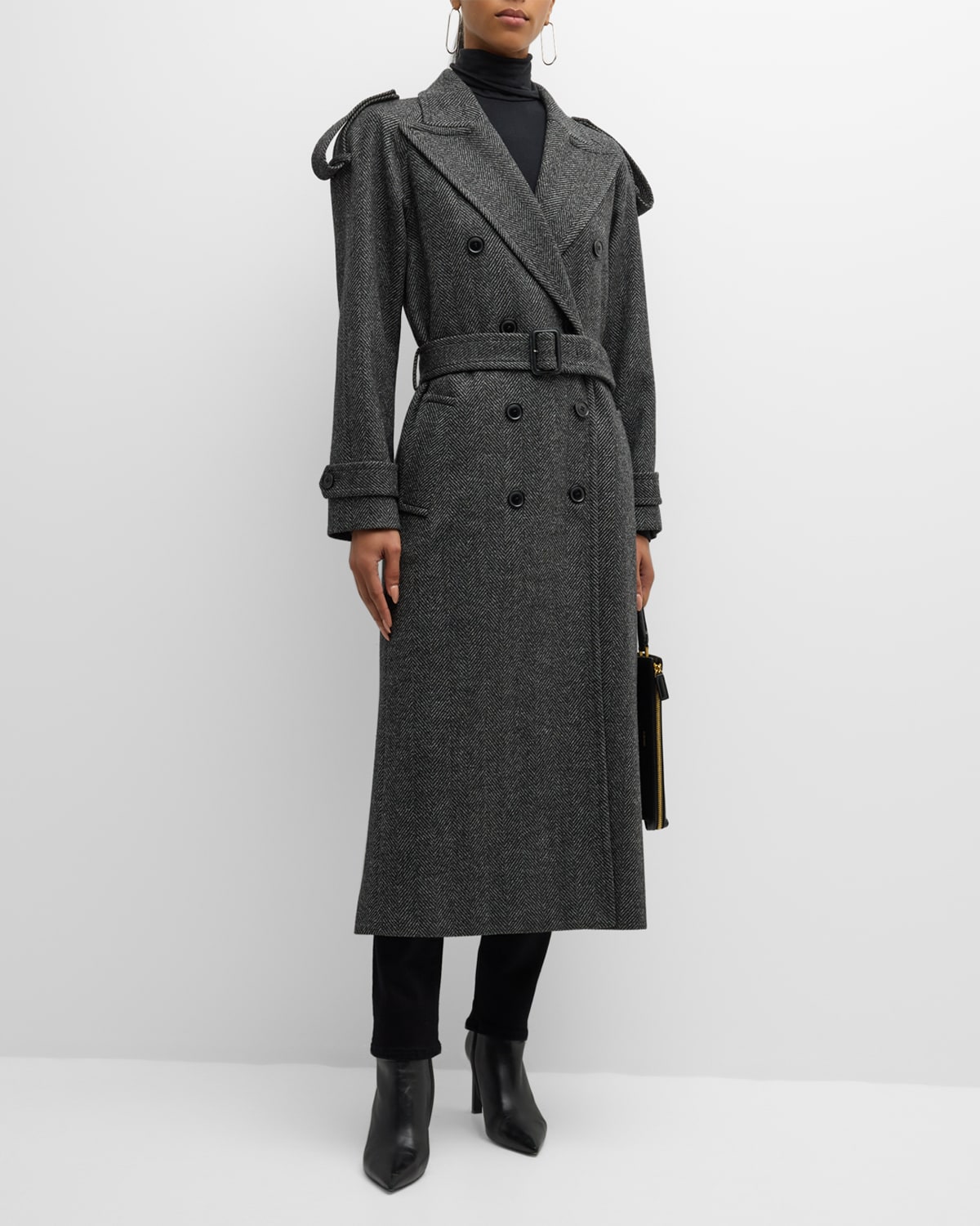 Salon 1884 Larkin Houndstooth Belted Wool Trench Coat In Charcoal