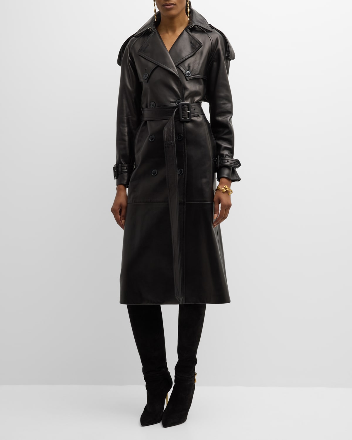 Salon 1884 Filippa Belted Ostrich Leather Long Trench Coat In Black