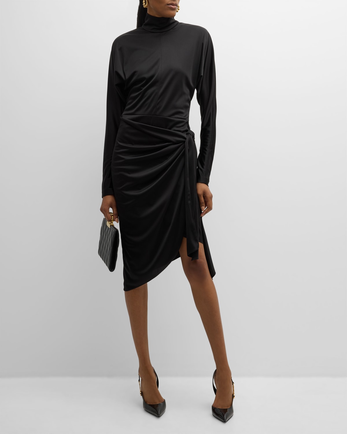 Salon 1884 Elana Draped Wrap-waist Long-sleeve Dress In Black