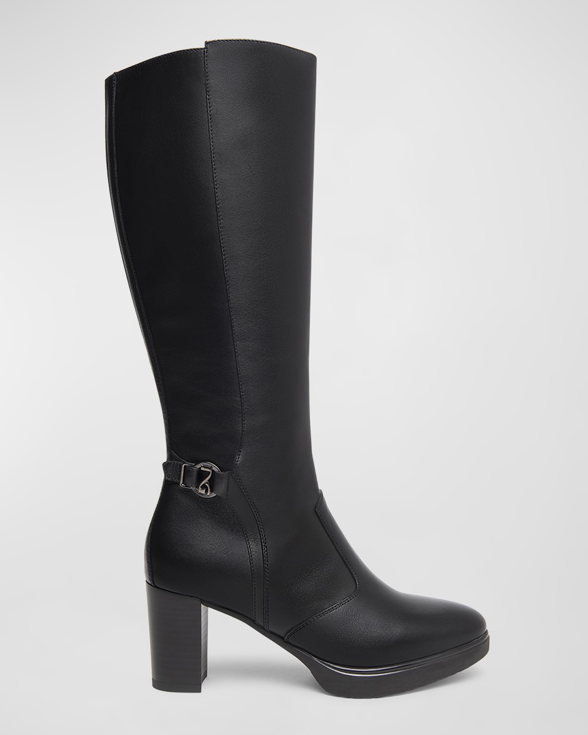 Leather Buckle Block-Heel Knee Boots