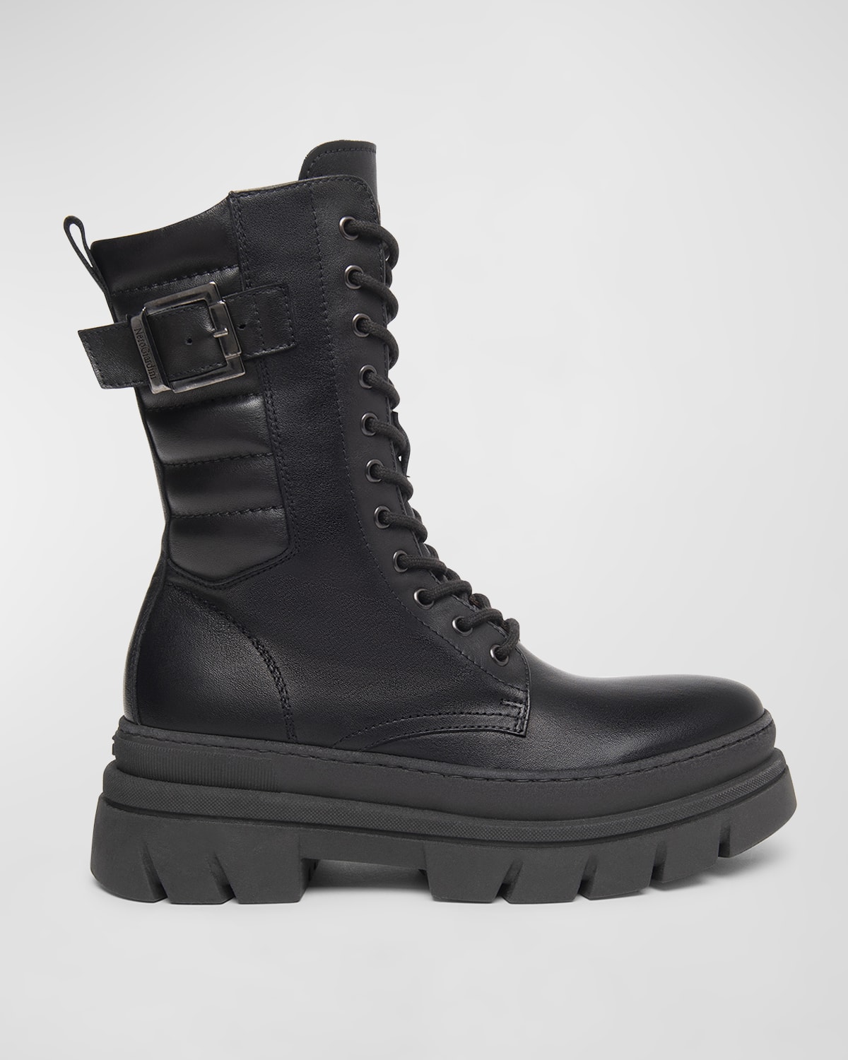 Nerogiardini Leather Buckle Mid Combat Boots In Black
