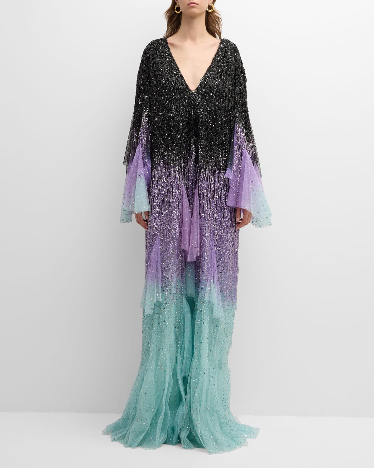 Plunging Degrade Embellished Ruffle Tulle Kaftan Gown