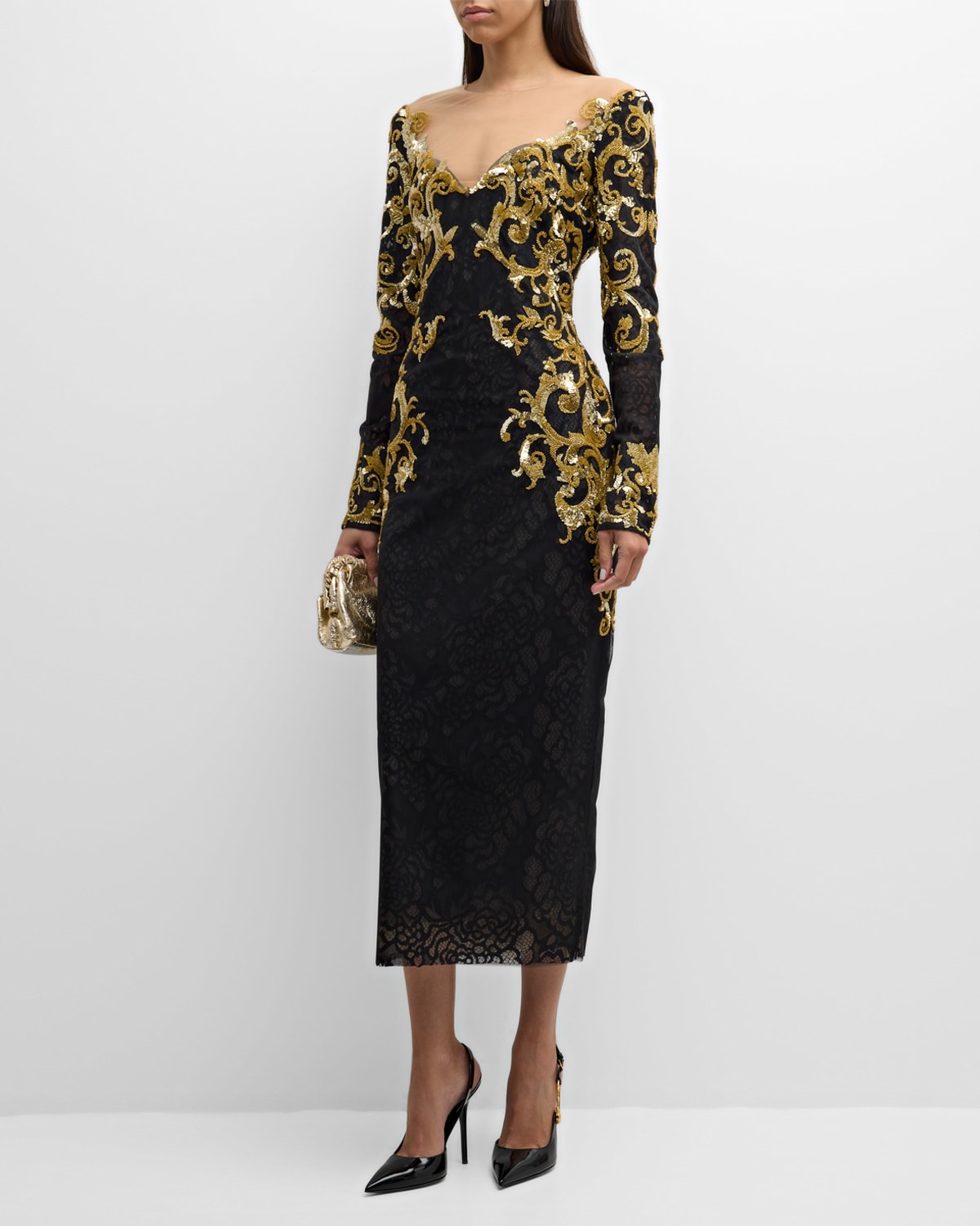 Baroque Embellished Off-The-Shoulder Illusion Midi Dress