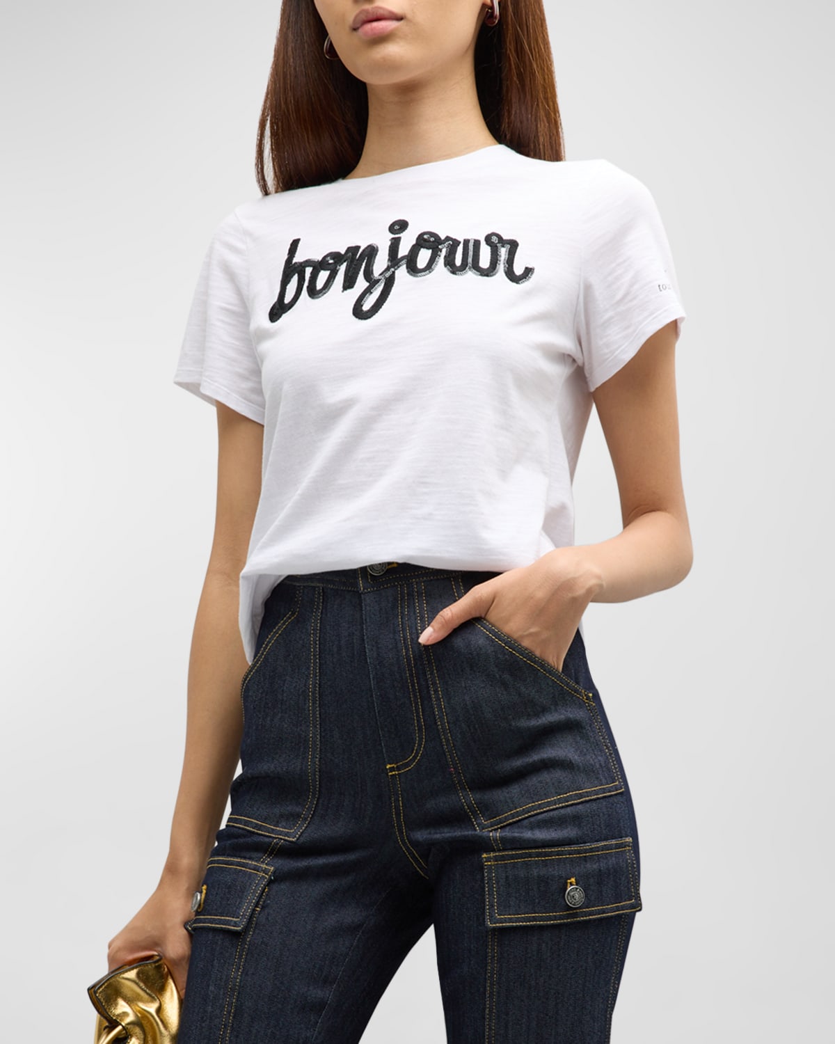 Shop Cinq À Sept Bonjour Fringe Embroidered Shrunken T-shirt In Whiteblack