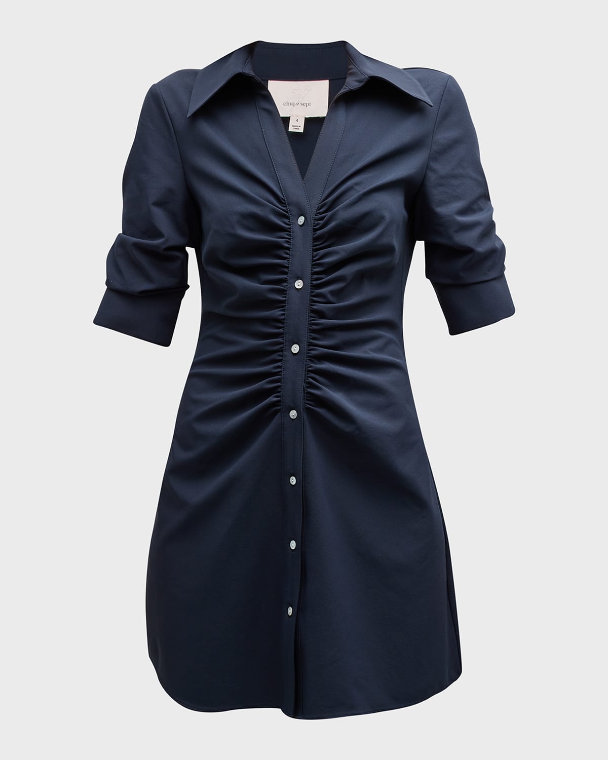 Shop Cinq À Sept Elina Ruched Button-front Mini Dress In Navy