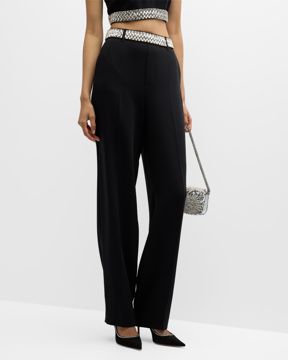 Cinq À Sept Collins Stacked Jewelry Embroidered Straight-leg Pants In Black