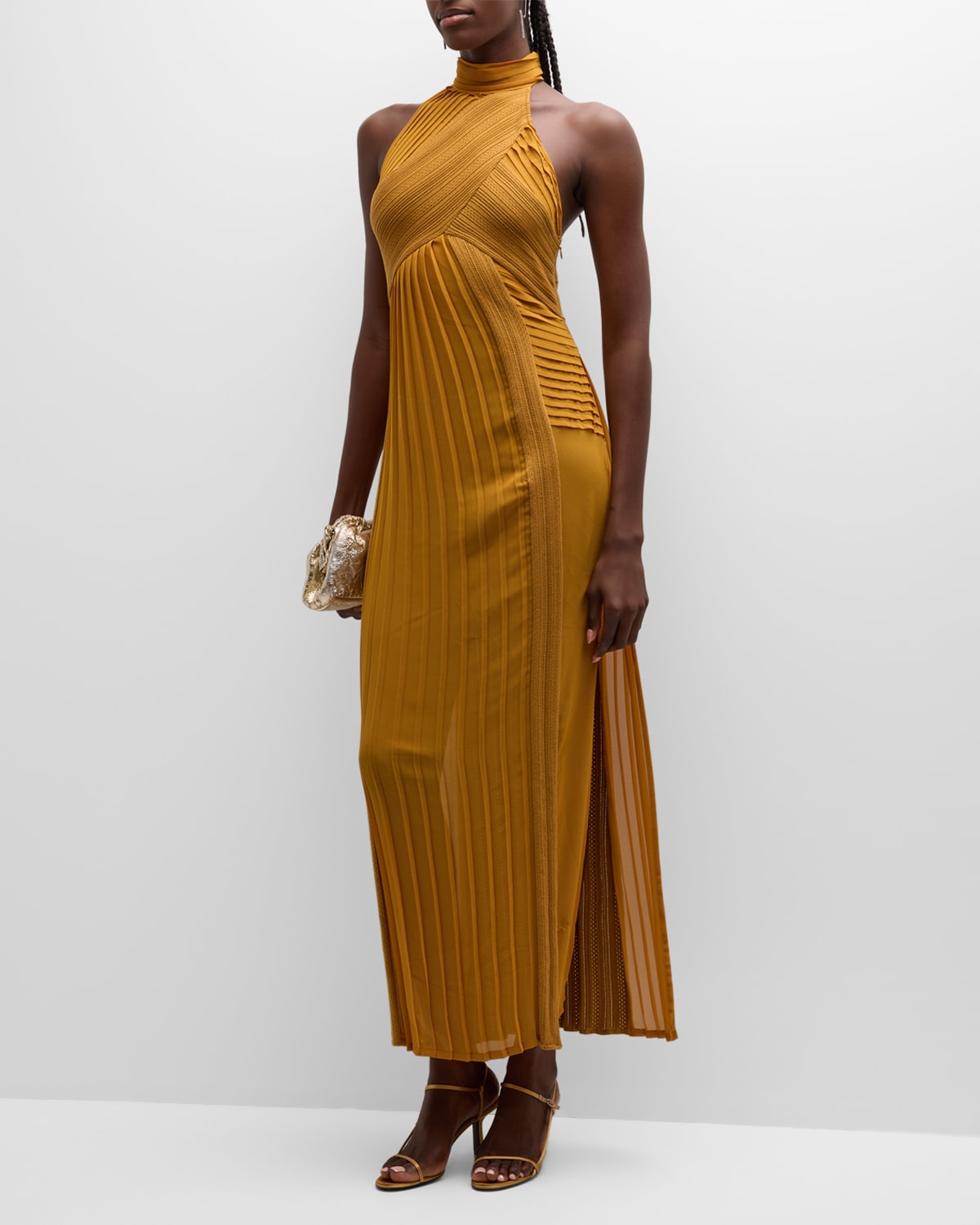 Koché Pleated High-neck Maxi Dress In Yellow
