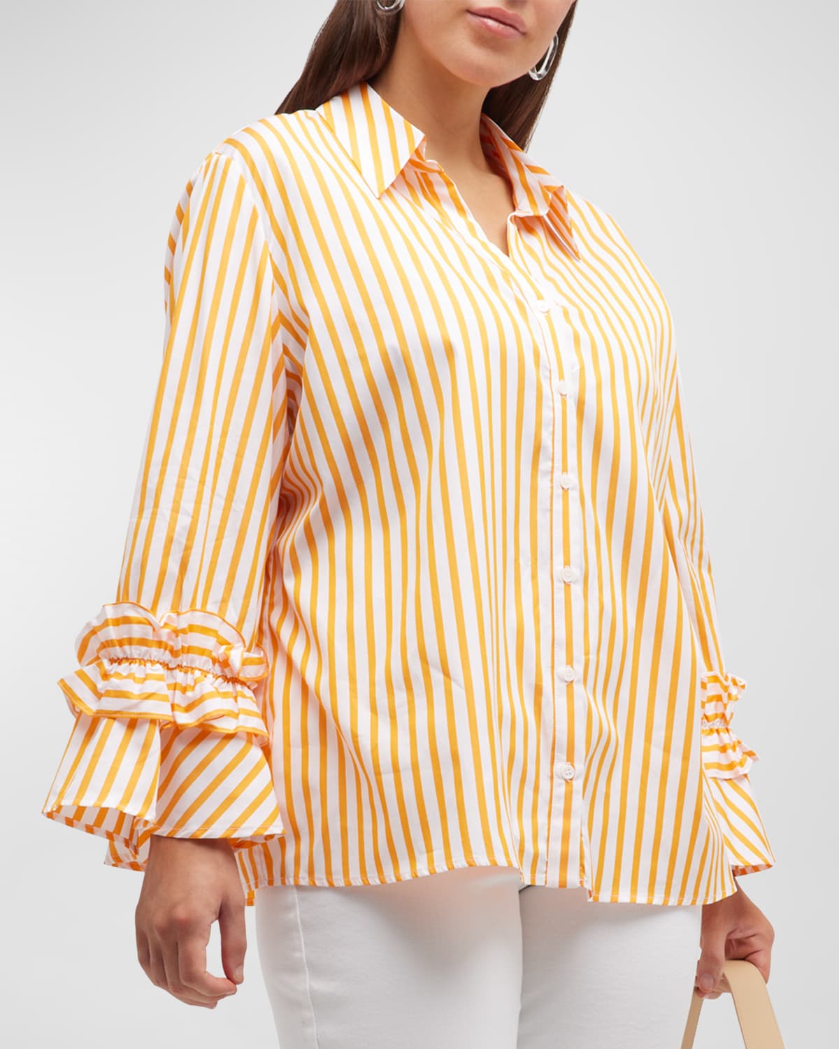 Harshman Plus Size Selina Striped Ruffle-trim Shirt In Marigold Stripes