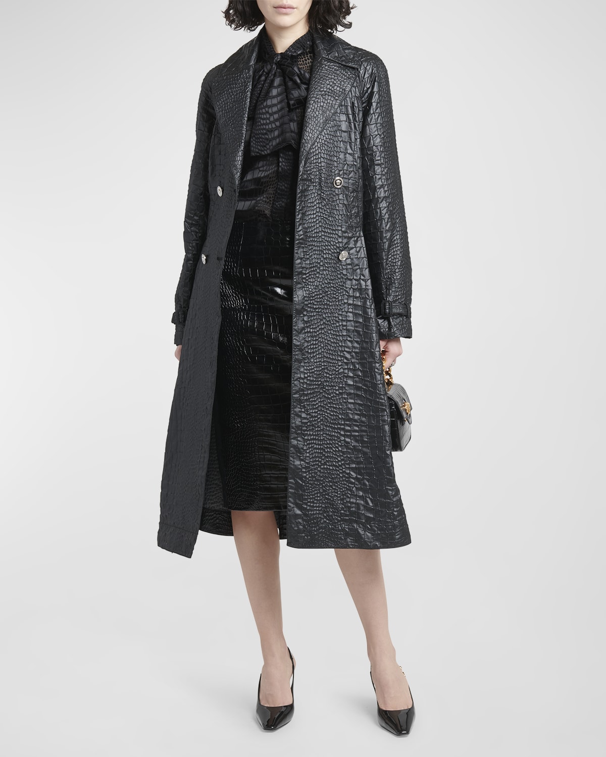 Shop Versace Belted Techno Lacquered Crocodile-coquet Trench Coat In Black