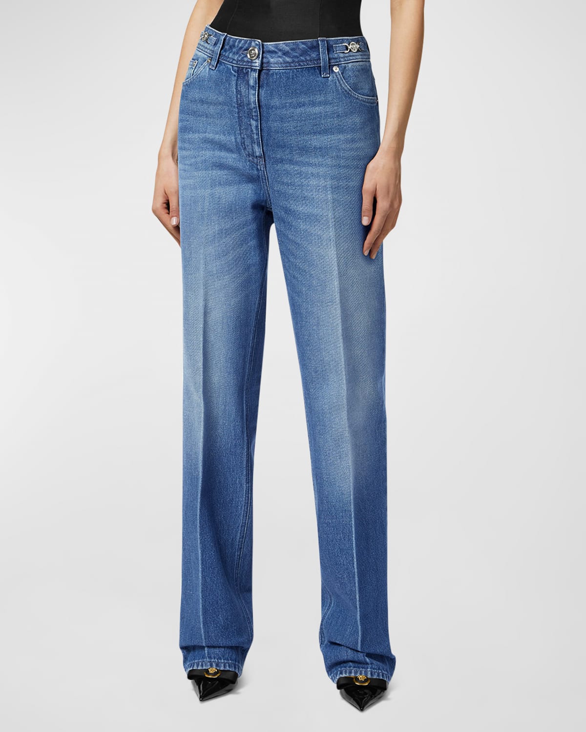 Shop Versace Stone Wash Denim Straight-leg Jeans In Medium Blue