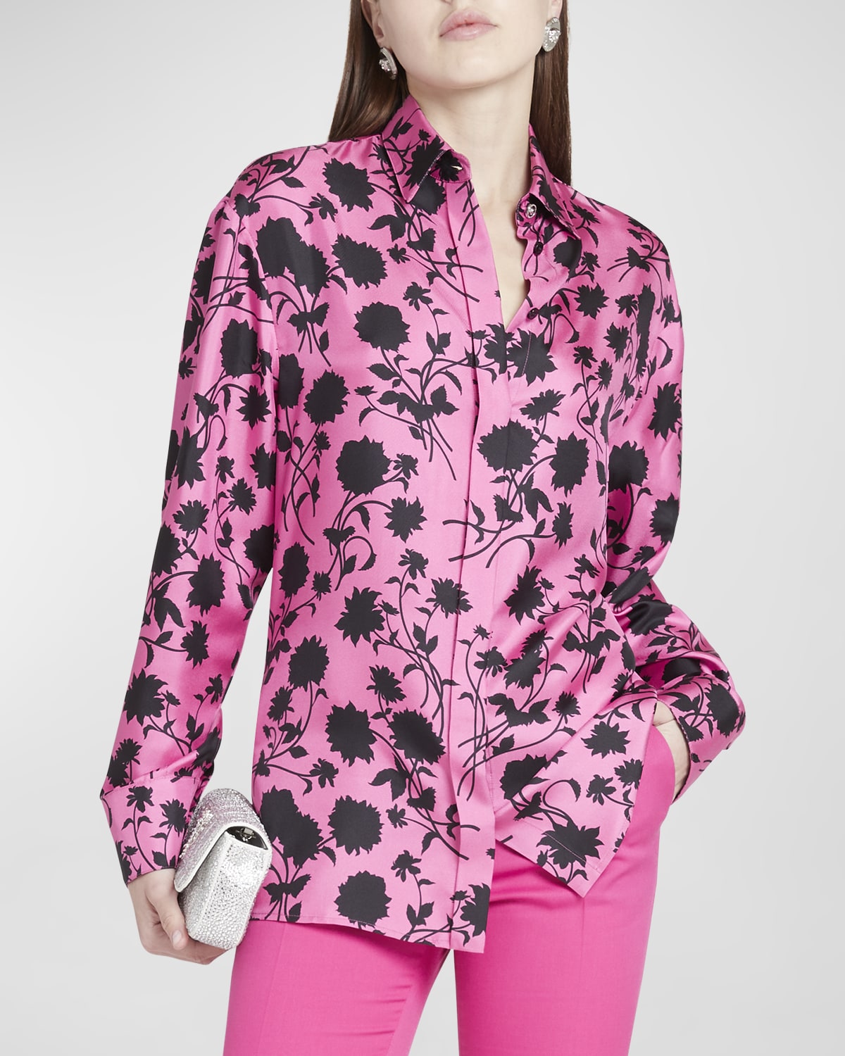 Versace Floral Silhouette-print Silk Twill Collared Shirt In Waterlily Black