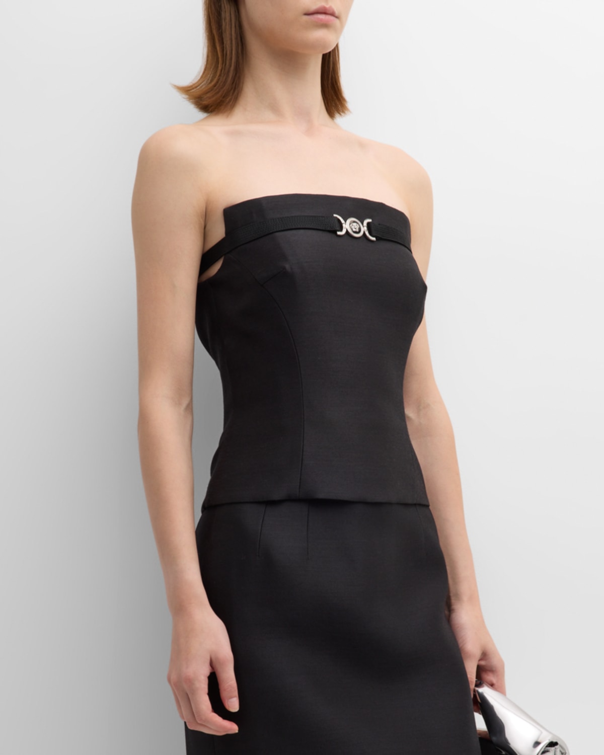 Shop Versace Sculpted Wool-silk Strapless Bustier Top In Black