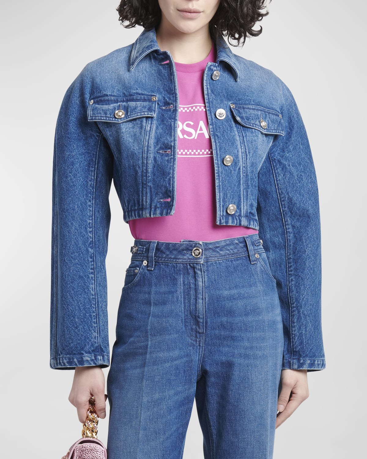Shop Versace Stone-washed Crop Denim Jacket In Medium Blue