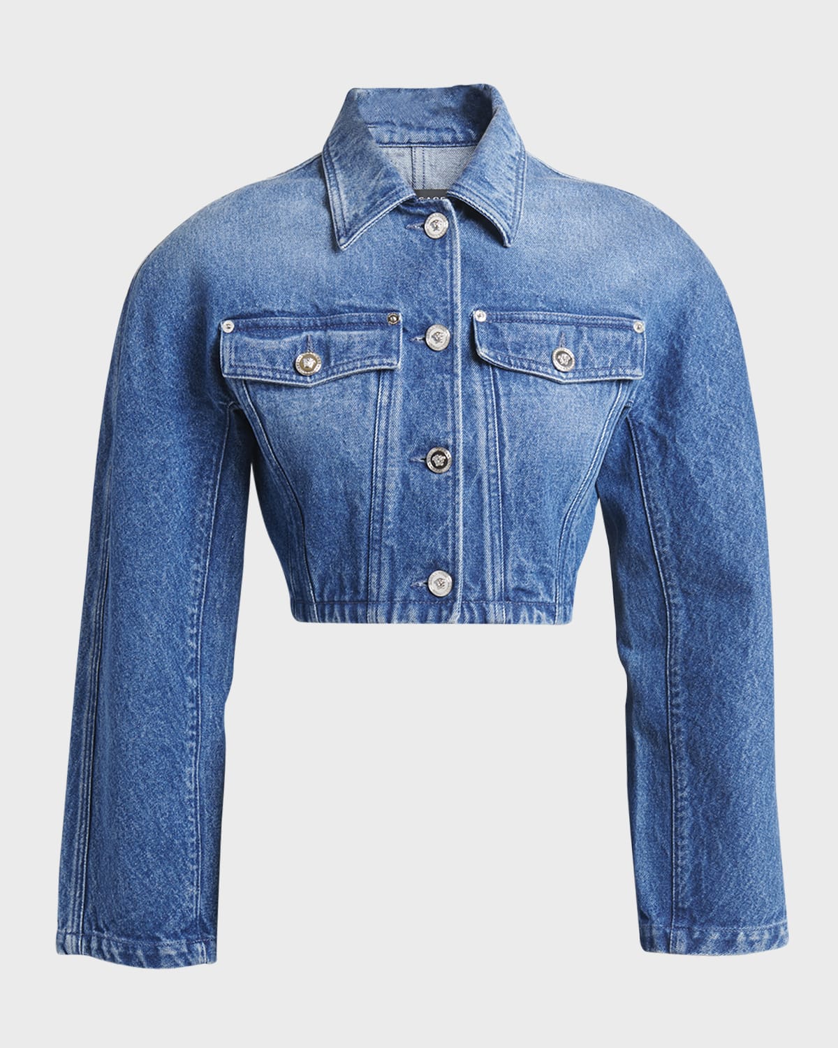 Versace Stone-washed Crop Denim Jacket In Medium Blue