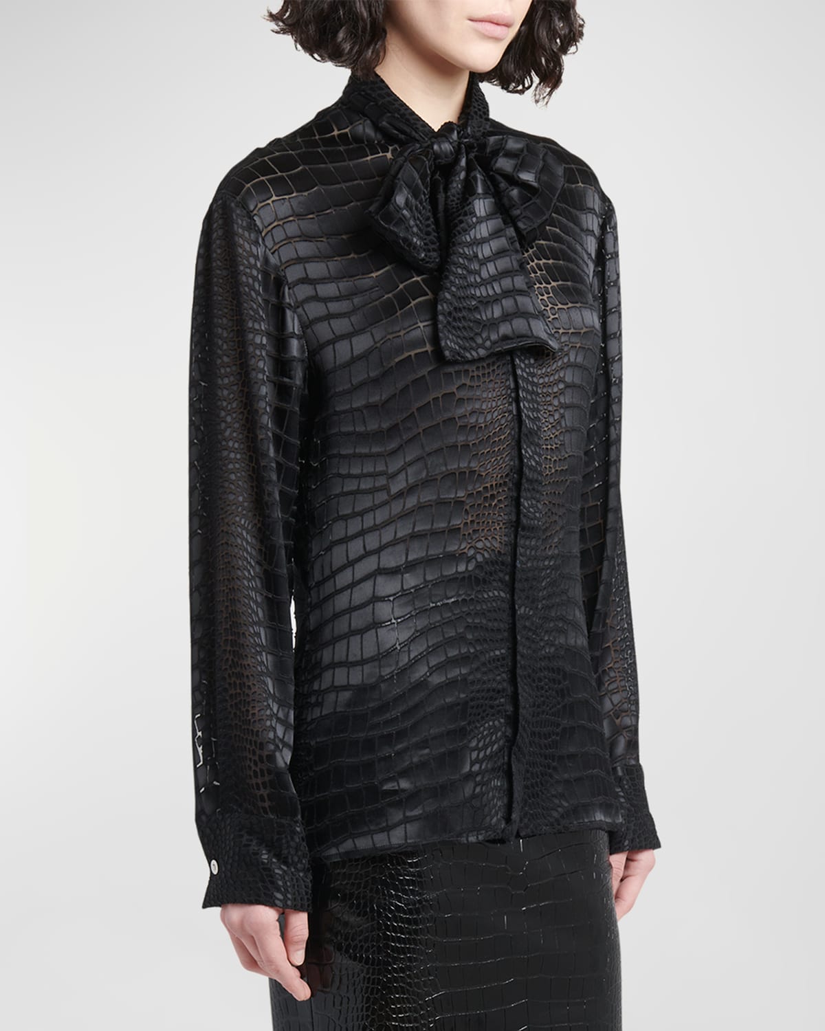 Shop Versace Crocodile Jacquard Neck-scarf Shirt In Black