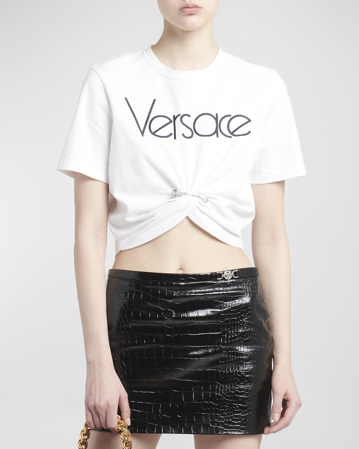 Shop Versace Safety-pin Logo Embroidered Crop T-shirt In White Black