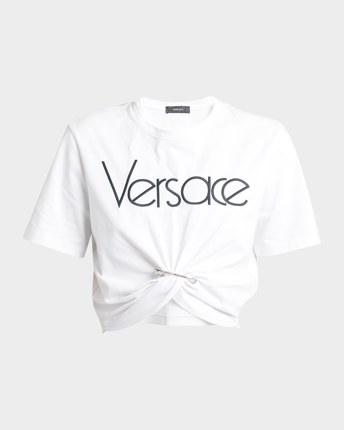 Versace Safety-pin Logo Embroidered Crop T-shirt In White Black