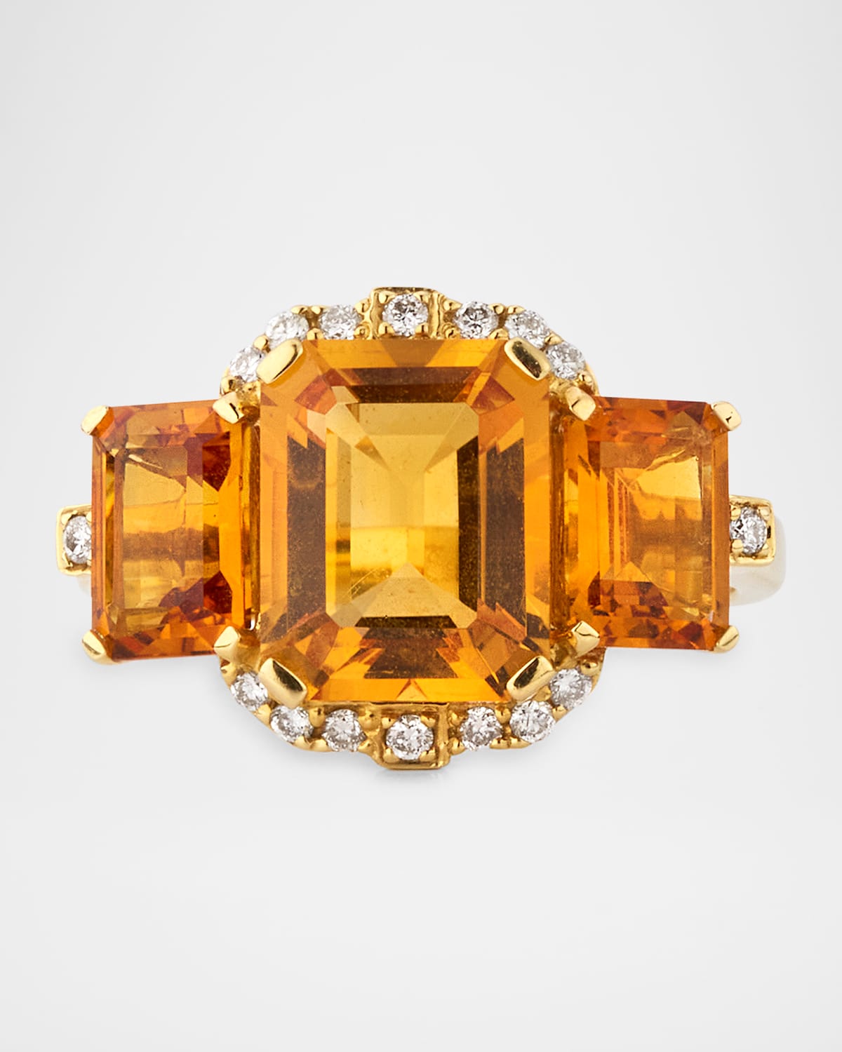 Gossip Citrine 3 Stone Emerald Cut Ring with Diamond in 18K Yellow Gold