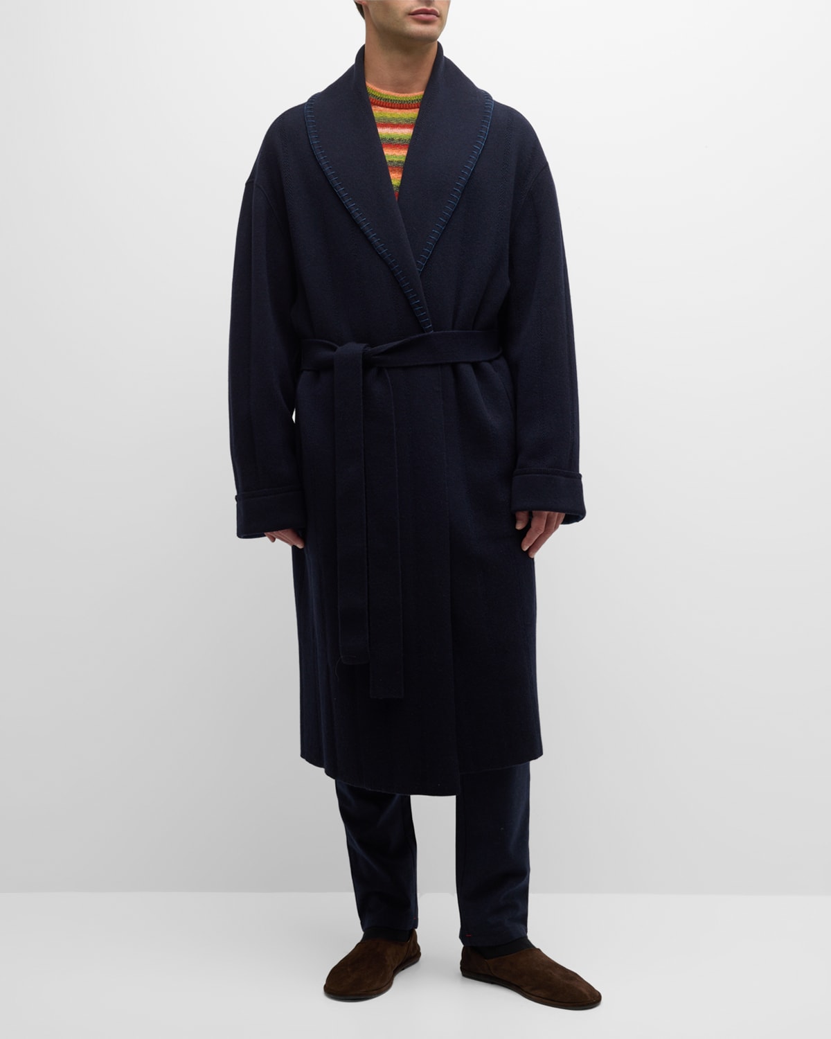 The Elder Statesman X Zegna Men's Cashmere-wool Topstitched Robe In Dk Blu Sld