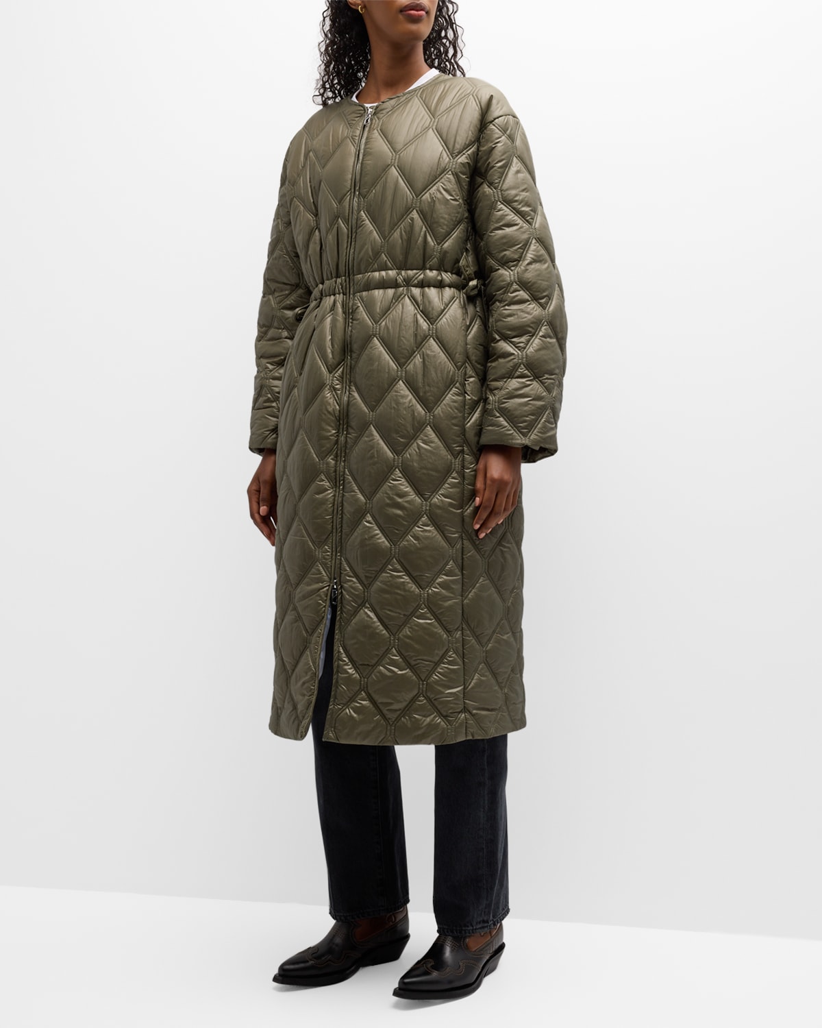 Ganni Shiny Quilted Long Coat In Kalamata