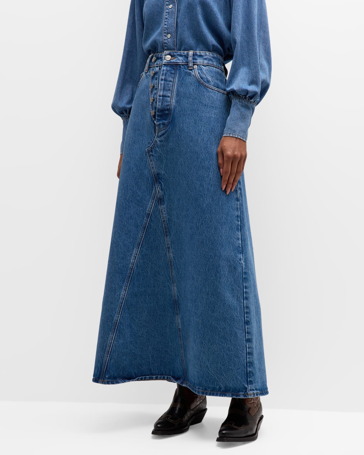 Ganni Dyed Button-fly Denim Maxi Skirt In Mid Blue Stone