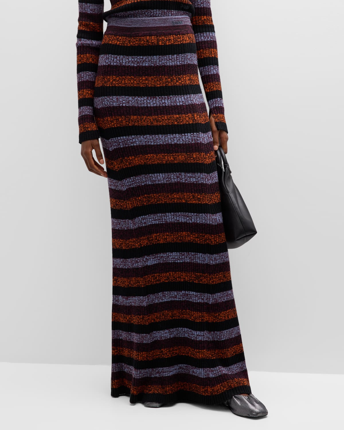 Ganni Rib-merino Striped Maxi Skirt In Multicolour