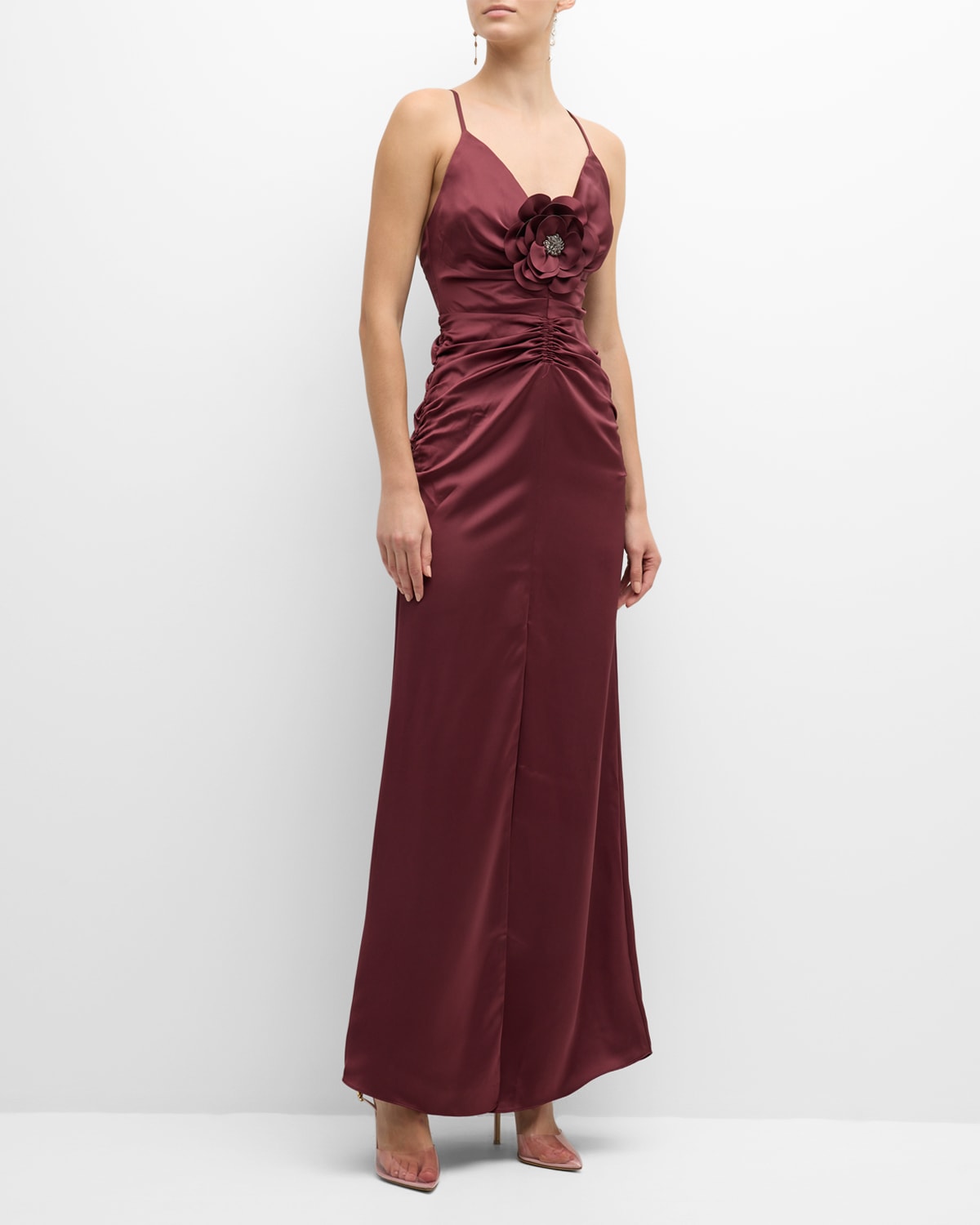 Shop Ramy Brook Lena Ruched Sleeveless Flower Gown In Cabernet