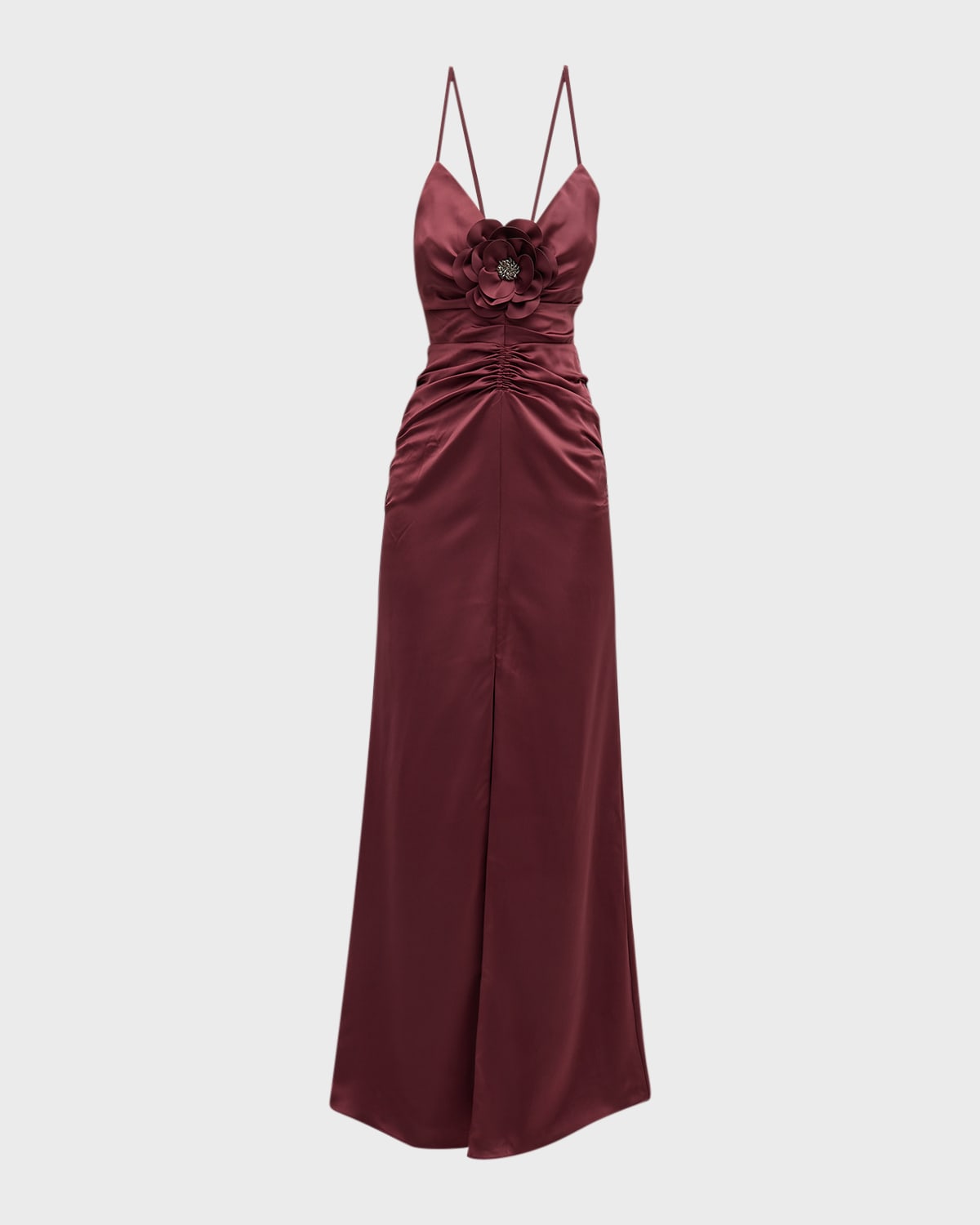 Shop Ramy Brook Lena Ruched Sleeveless Flower Gown In Cabernet