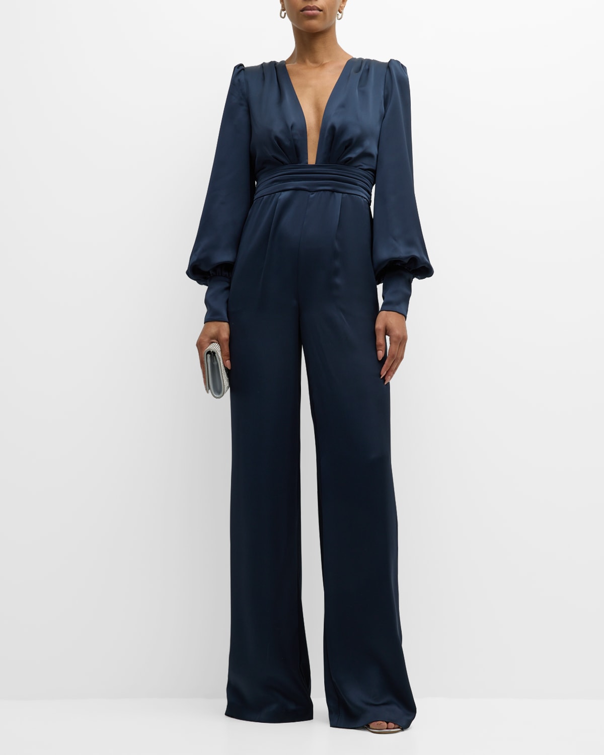 Ramy Brook Madelane Pleated Deep V-neck Jumpsuit In Navy