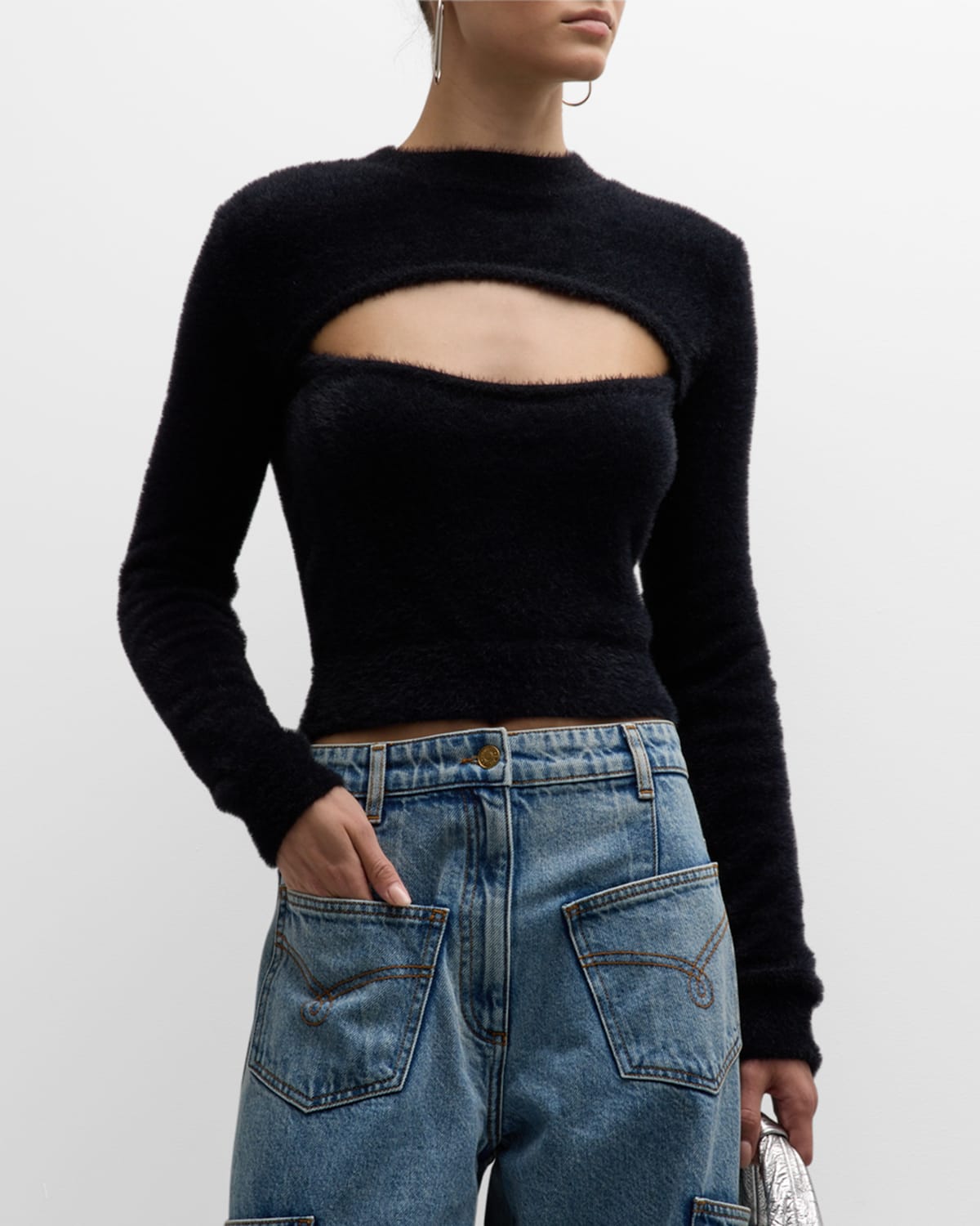 Cut-Out Velour Cropped Sweater