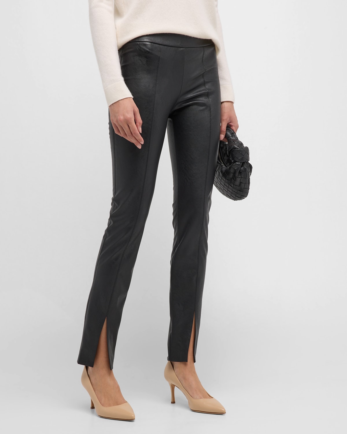 Avenue Montaigne Max Front-slit Vegan Leather Pants In Brown