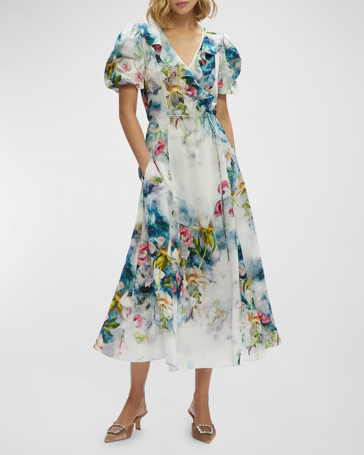 Robert Graham Layla Floral-print Puff-sleeve Midi Wrap Dress In Neutral