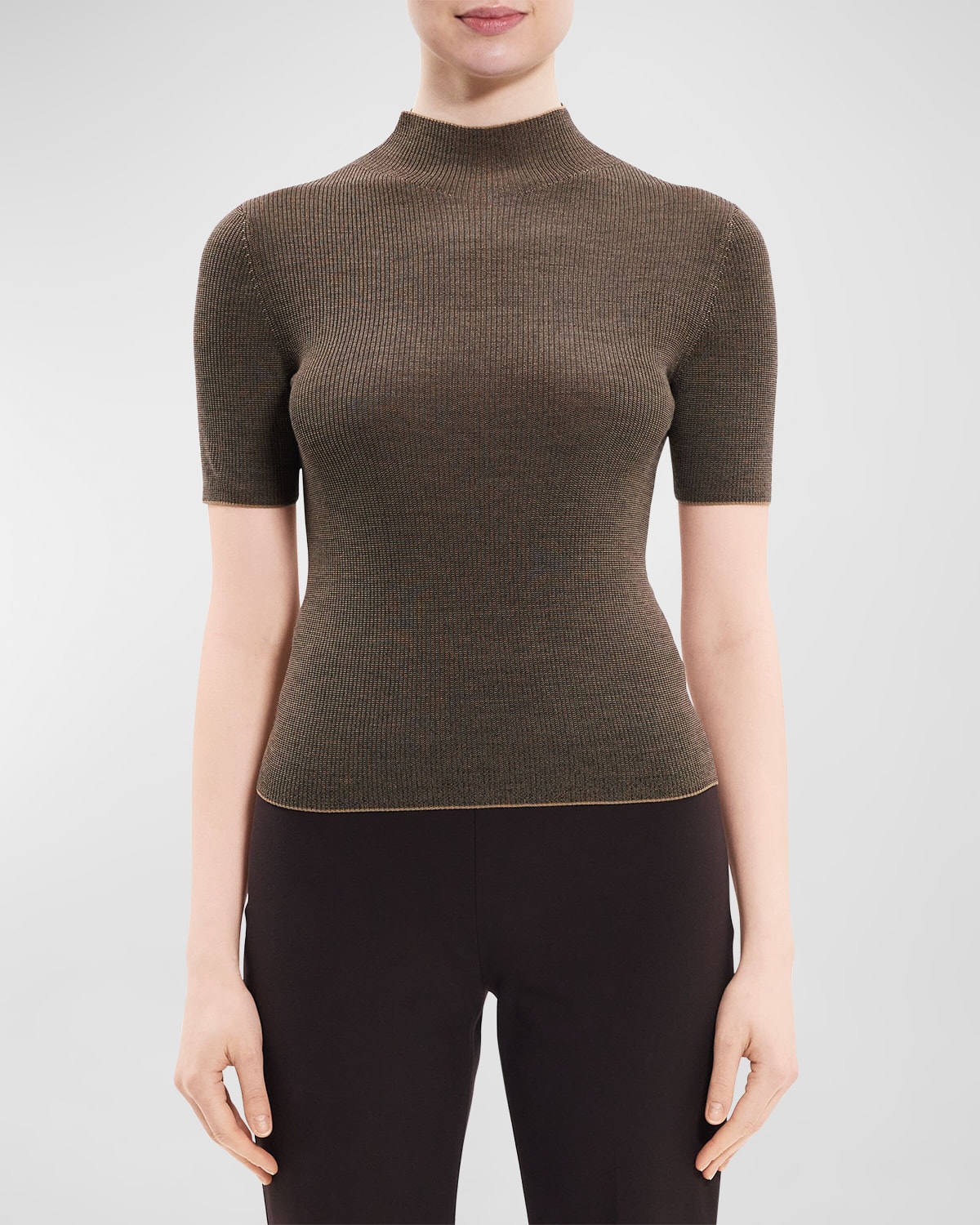 Theory Leenda Mock-neck Ribbed Regal Wool Sweater In Minkdark Charcoal