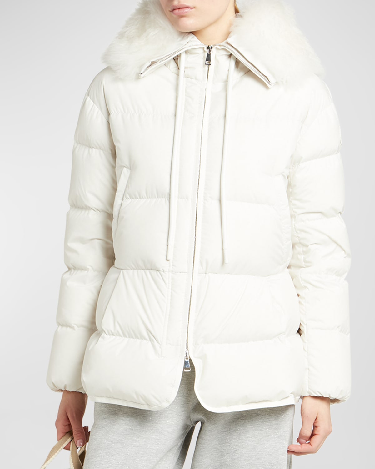 Moncler Locustelle Short Parka With Faux Fur Ruff In Natural