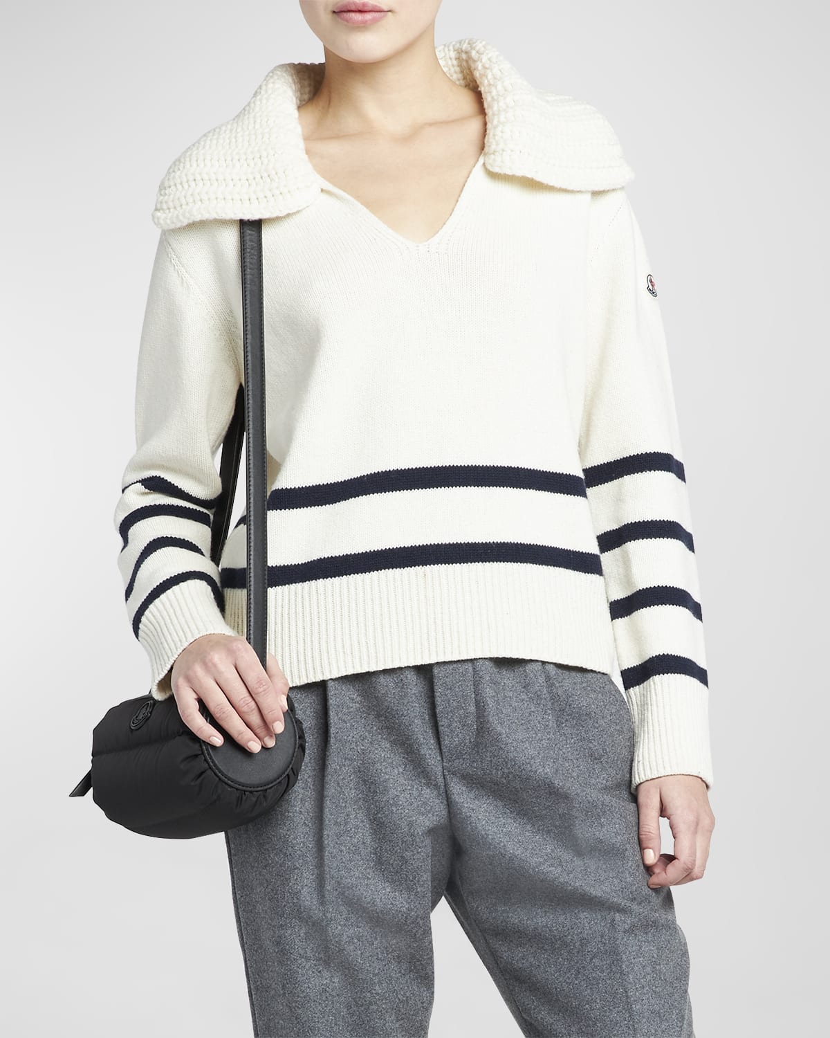 Shop Moncler Cashmere-blend Striped Polo Sweater In White