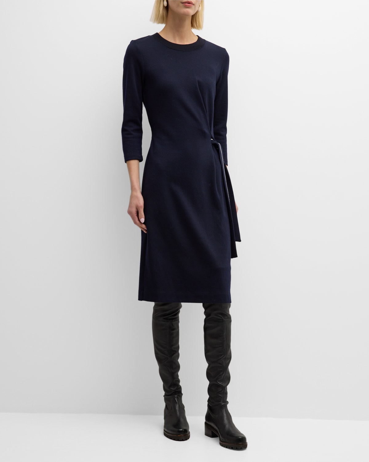 3/4-Sleeve Side-Tie Jersey Midi Dress