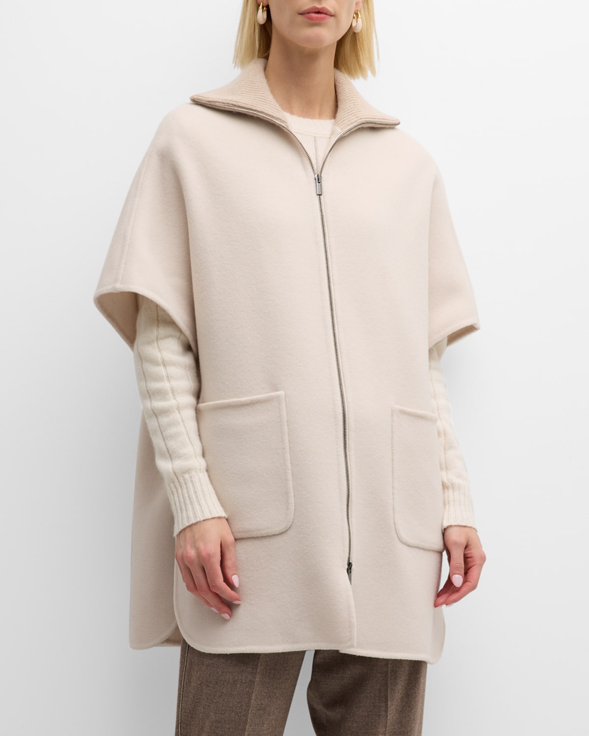 Peserico Zip-front Cashmere-blend Cape In Neutrals