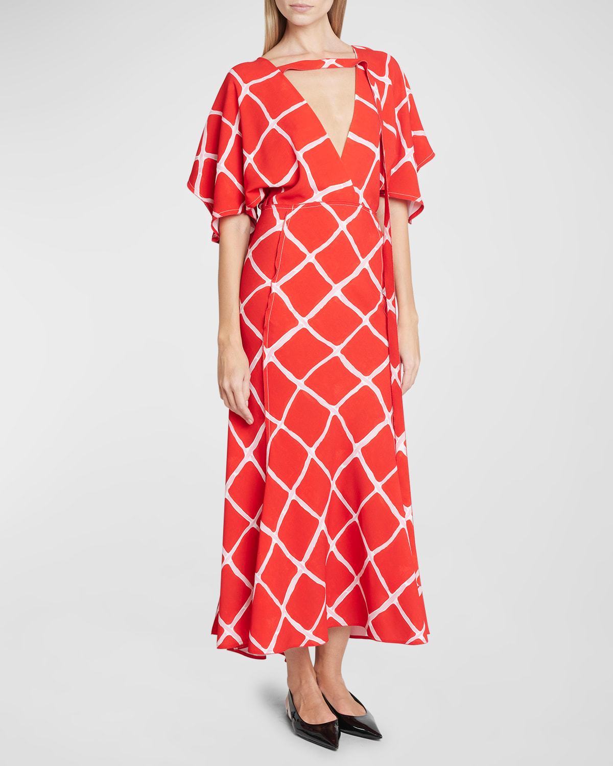 Victoria Beckham Grid-print Openback Bias Godet Dress In Crimsonivory