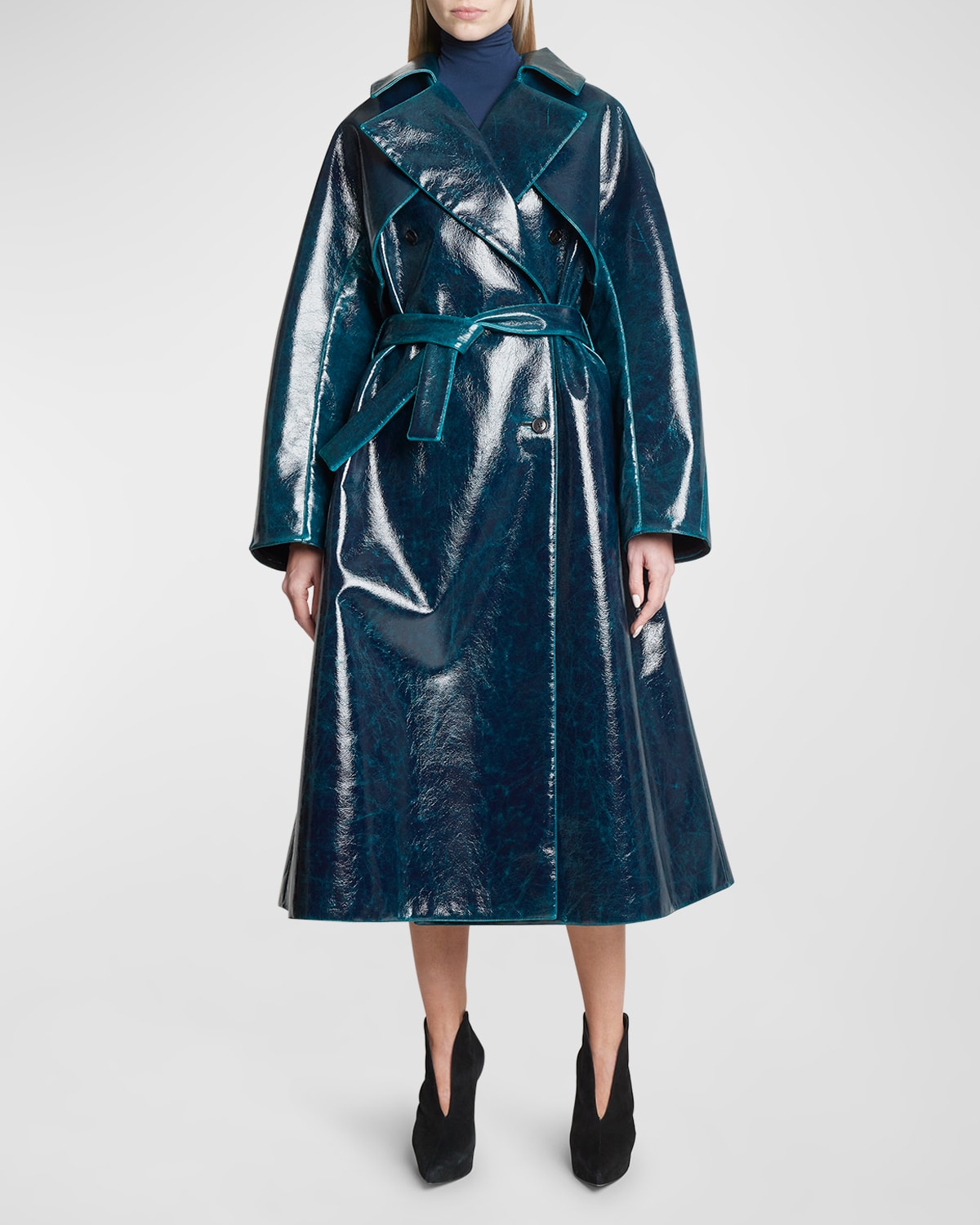 Alaïa Lacquered Wool-blend Trench Coat In Blue