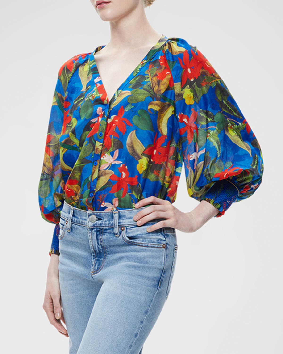 ALICE AND OLIVIA LANG TROPICAL-PRINT BUTTON-FRONT BLOUSE
