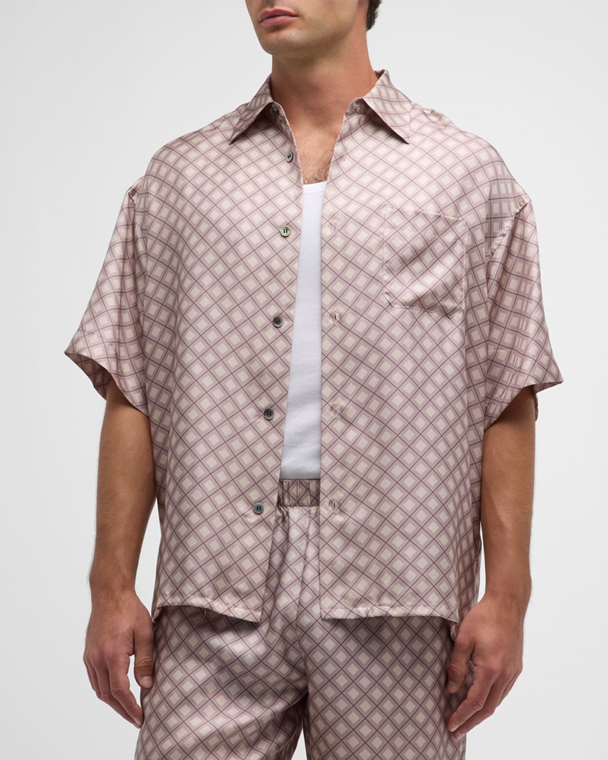 Shop John Elliott Men's Diamond Patterned Silk Sport Shirt In Haze Tile